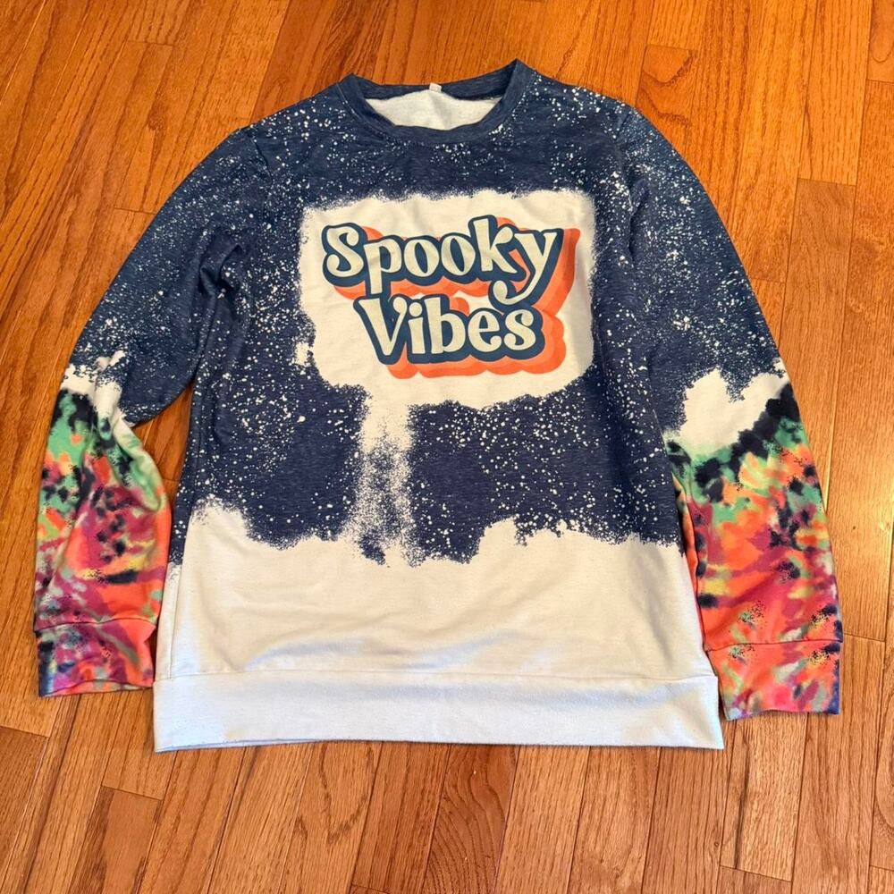 Bleached “Spooky Vibes” Tie-Dye Sleeve Sweatshirt -Medium